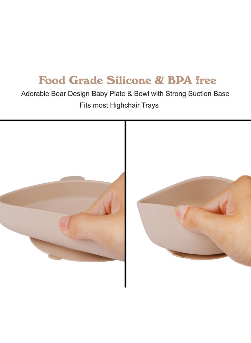 fantasize Suction Baby Plate and Bowl Set with Fork Spoon, Silicone Baby Led Weaning Supplies for Toddler Self Feeding, BPA Free Dishwasher and Microwave Safe (Beige) - Image 4